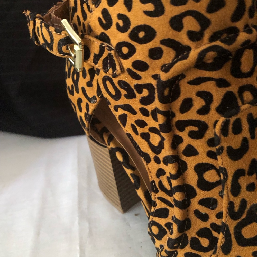 Qupid Leopard Print Suede Block Heel Booties in Tan and Black